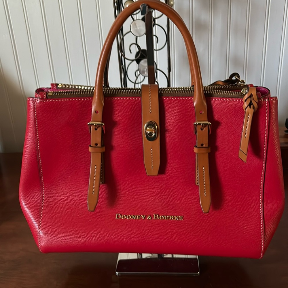 Dooney & Bourke Miller Leather Satchel—Red with tan handles